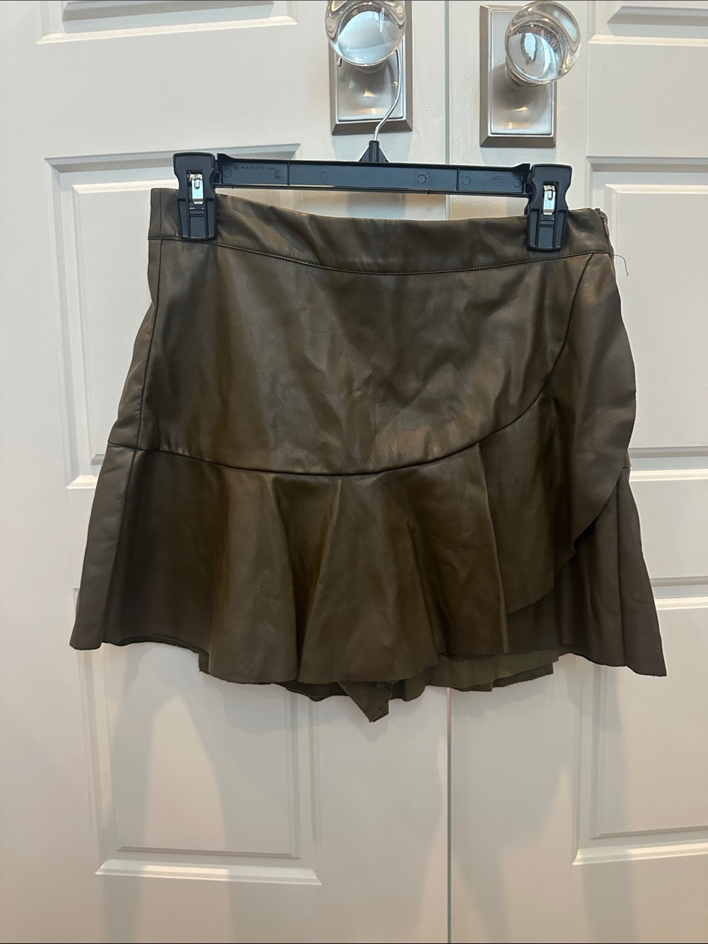 Faux Leather Ruffle Mini Skirt in Olive